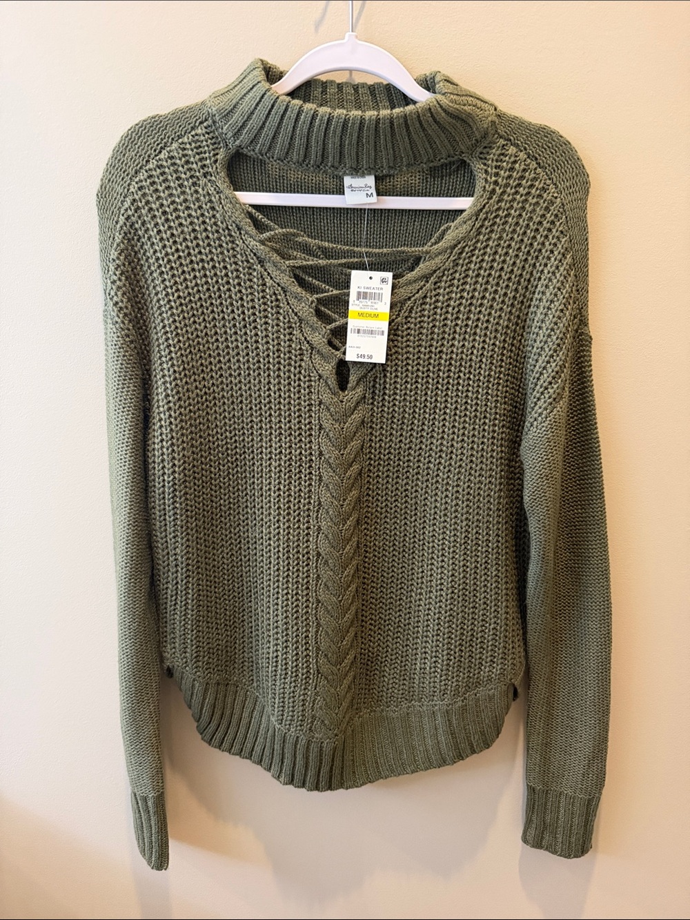 American Rag Chunky Knit Lace-Up Sweater in Dusty Olive, Size M NWT